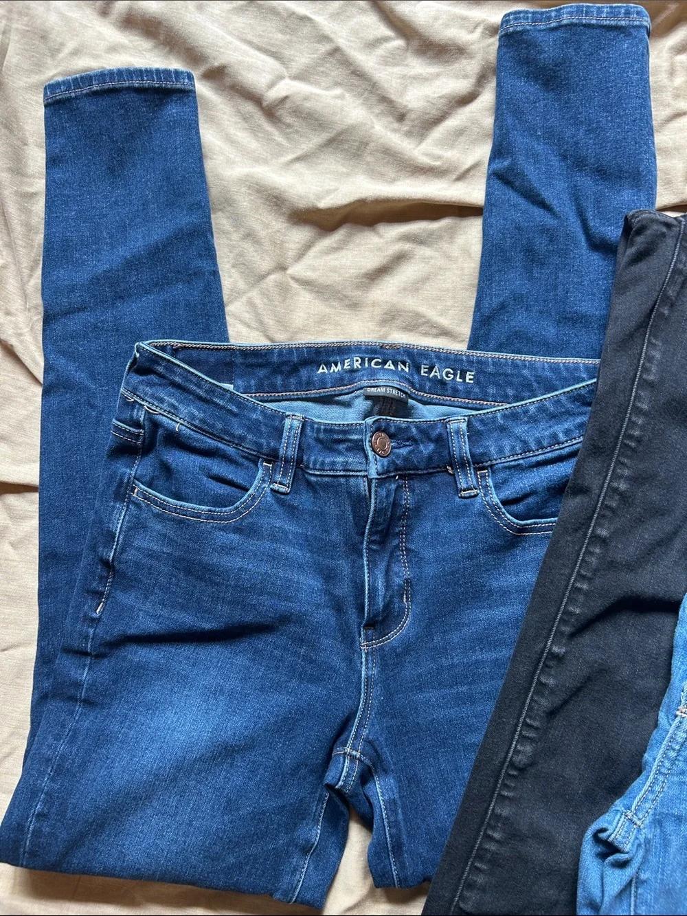 American Eagle Outfitters Skinny Jeans Trio in Dark Blue, Light Blue, and Black - Picture 3 of 7